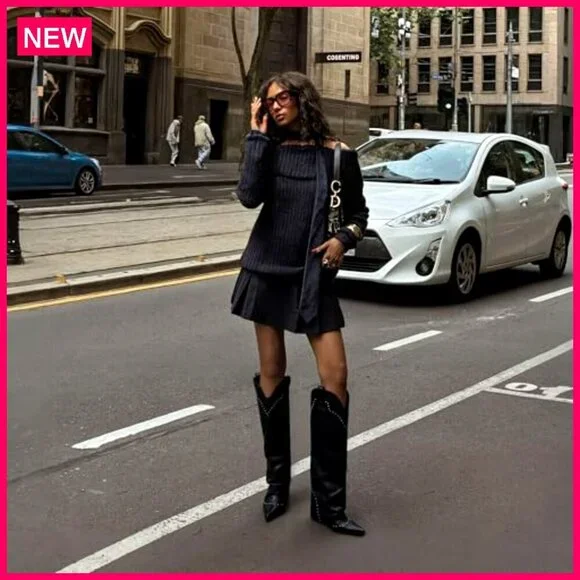 Knee High Studded Fold Over Boots 3.7 Inch Heel Vegan Leather Pull On - Picture 4 of 8